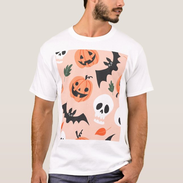 Halloween doodles, pumpkins, bats pattern. T-Shirt (Front)