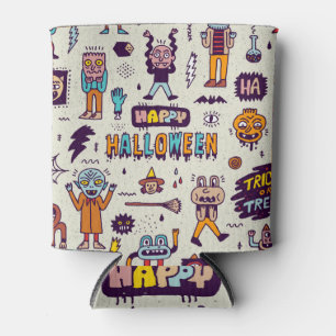 Halloween doodles, wacky cartoon seamless set. can cooler