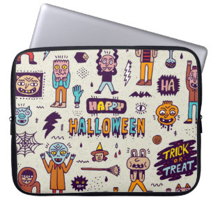 Halloween doodles, wacky cartoon seamless set. laptop sleeve