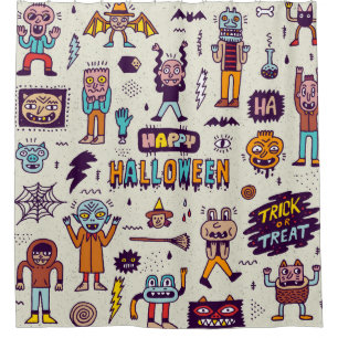 Halloween doodles, wacky cartoon seamless set. shower curtain