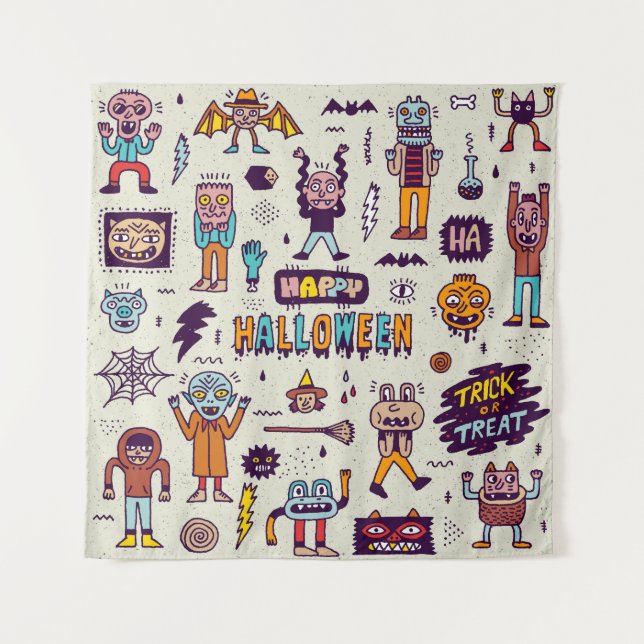 Halloween doodles, wacky cartoon seamless set. tapestry (Front)