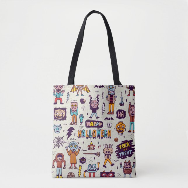 Halloween doodles, wacky cartoon seamless set. tote bag (Front)