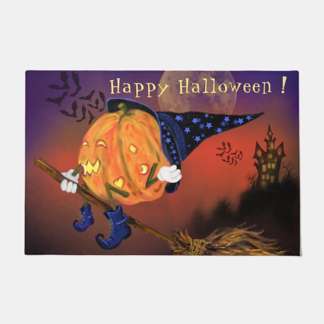 Halloween Doormat Witch Pumpkin Flying Broom (Front)