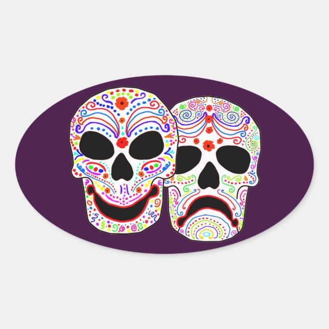 Halloween DOTD Comedy-Tragedy Skulls Oval Sticker (Front)