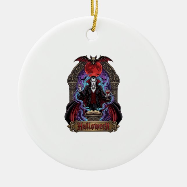 Halloween Dracula Red Moon Bats Skull_1 Ceramic Tree Decoration (Front)