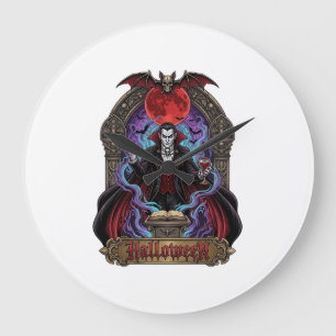 Halloween Dracula Red Moon Bats Skull_1 Large Clock