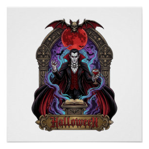 Halloween Dracula Red Moon Bats Skull_1 Poster
