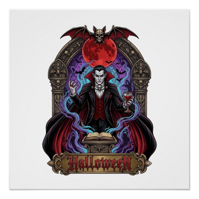 Halloween Dracula Red Moon Bats Skull_1 Poster (Front)