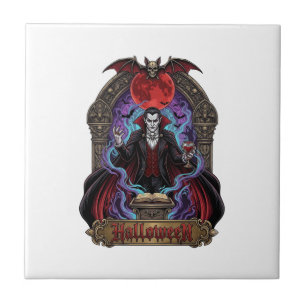 Halloween Dracula Red Moon Bats Skull_1 Tile