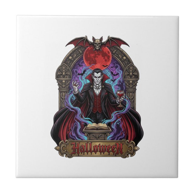 Halloween Dracula Red Moon Bats Skull_1 Tile (Front)