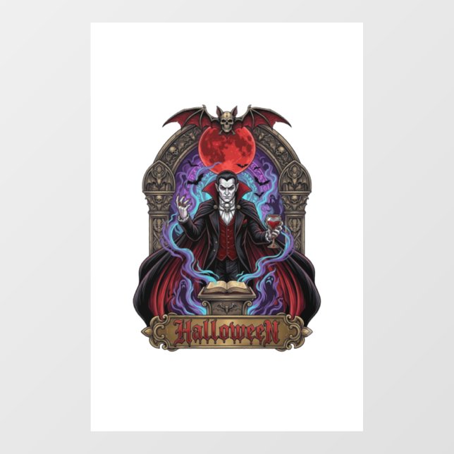 Halloween Dracula Red Moon Bats Skull_1 Window Cling (Sheet)