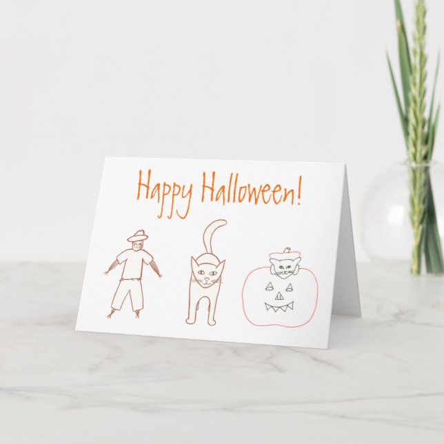 Halloween Drawing Scarecrow Cat Pumpkin Cards (Front)