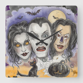 Halloween,Eerie Laughing Masks, Black Cat Watches Square Wall Clock