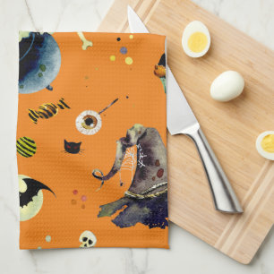 Halloween Elements on Orange Tea Towel