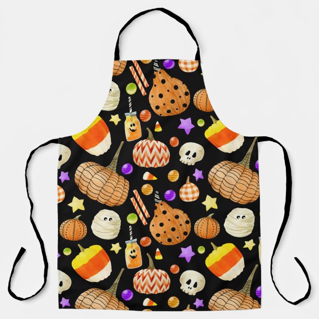 Halloween elements: pumpkins, skull, mummy pattern apron (Front)