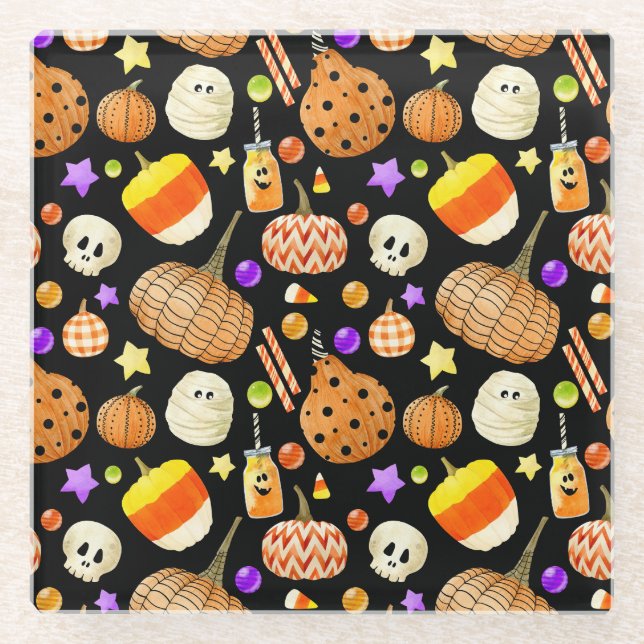 Halloween elements: pumpkins, skull, mummy pattern glass coaster (Front)