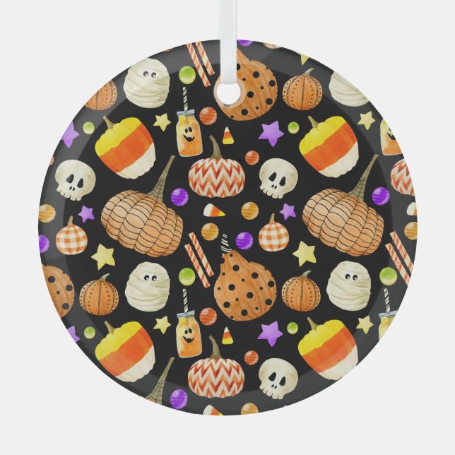 Halloween elements: pumpkins, skull, mummy pattern glass tree decoration (Front)