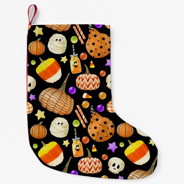 Halloween elements: pumpkins, skull, mummy pattern small christmas stocking (Front)