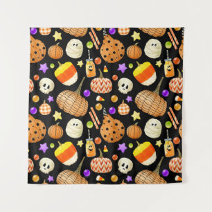 Halloween elements: pumpkins, skull, mummy pattern tapestry