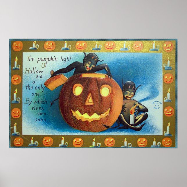 Halloween elves and pumpkin Vintage party poster (Front)