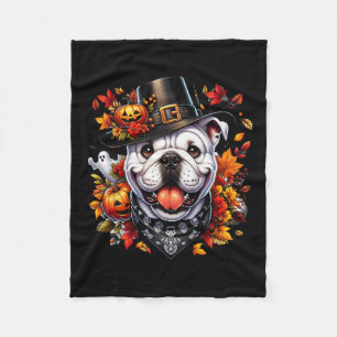 Halloween English Bulldog Fall Leaves Pumpkins Gho Fleece Blanket