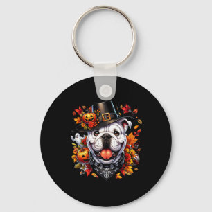 Halloween English Bulldog Fall Leaves Pumpkins Gho Key Ring