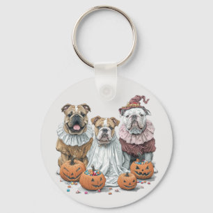 Halloween English Bulldogs Pumpkin Key Ring