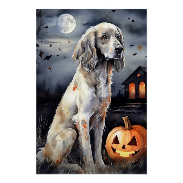 Halloween English Setter With Pumpkins Scary Poster (Front)