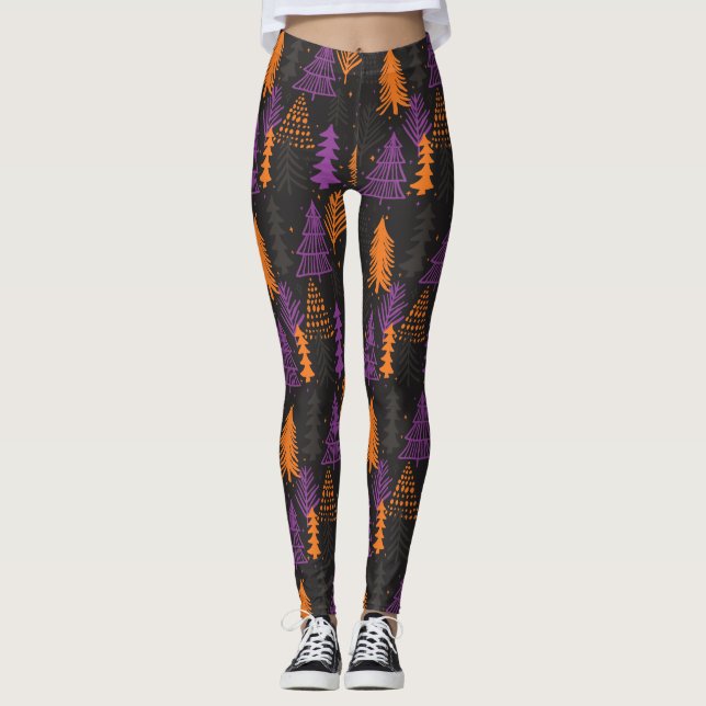 Halloween Evergreen Trees Pattern Black Orange Leggings (Front)