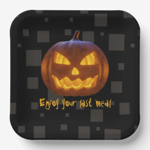 Halloween Evil Pumpkin Last Meal Orange Black Grey Paper Plate
