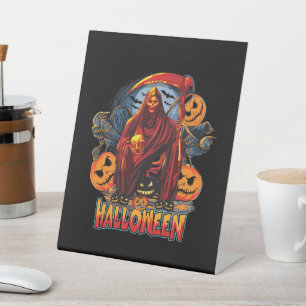 Halloween Evil skeleton, Pumpkin Pedestal Sign