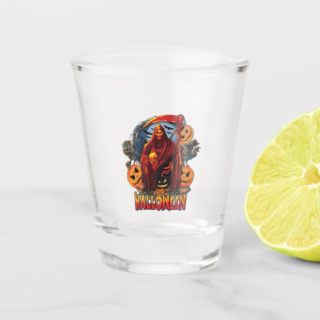 Halloween Evil skeleton, Pumpkin Shot Glass (Front)