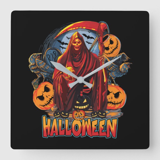 Halloween Evil skeleton, Pumpkin Square Wall Clock (Front)