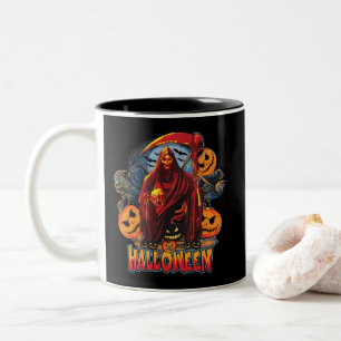 Halloween Evil skeleton, Pumpkin Two-Tone Coffee Mug