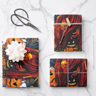Halloween Evil skeleton, Pumpkin Wrapping Paper Sheet
