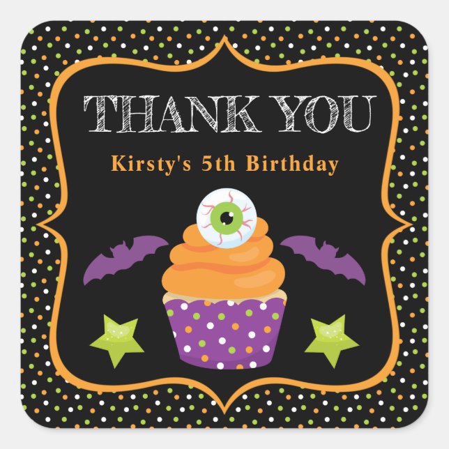 Halloween Eyeball Cupcake & Polka Dots Birthday Square Sticker (Front)