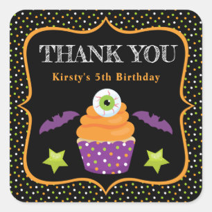Halloween Eyeball Cupcake & Polka Dots Birthday Square Sticker