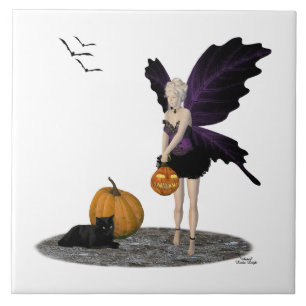 Halloween Fairy With Pumpkins Ceramic Tile