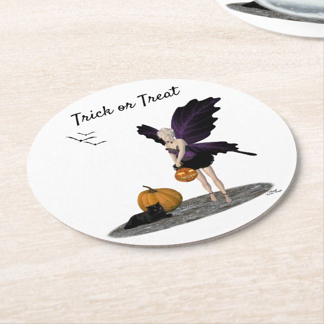 Halloween Fairy With Pumpkins Paper Coaster (Angled)