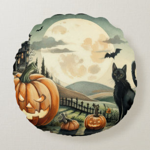 Halloween/Fall/Autumn/pumpkin/cat Round Cushion
