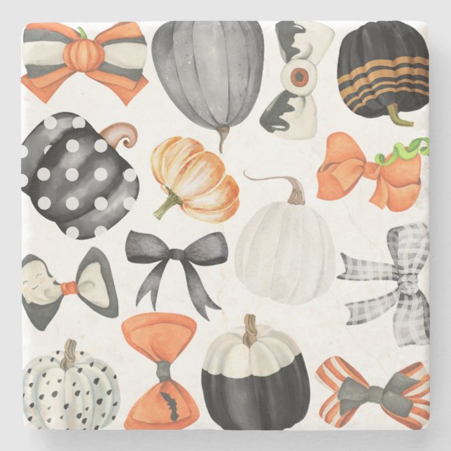 Halloween fall bow watercolor pattern pumpkin  stone coaster (Front)