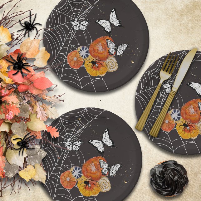 Halloween Fall Florals Butterflies Spiders Spooky  Paper Plate (Give your Halloween party a romantic Gothic vibe with pretty florals, butterfies, and spiders)