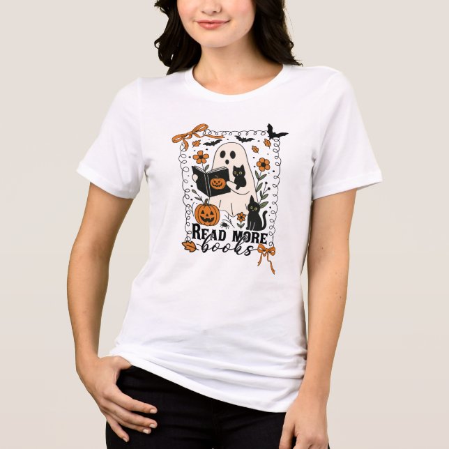 Halloween Fall Ghost Reading Book Cat Tri-Blend Shirt (Front)
