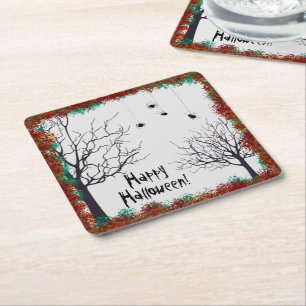 Halloween Fall Leaves Spooky Trees Spiders Square Paper Coaster