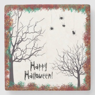 Halloween Fall Leaves Spooky Trees Spiders Stone Coaster