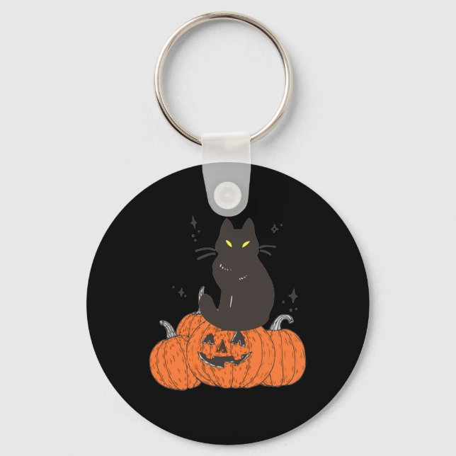 Halloween Fall Spooky Cat With Pumpkin  Key Ring (Front)