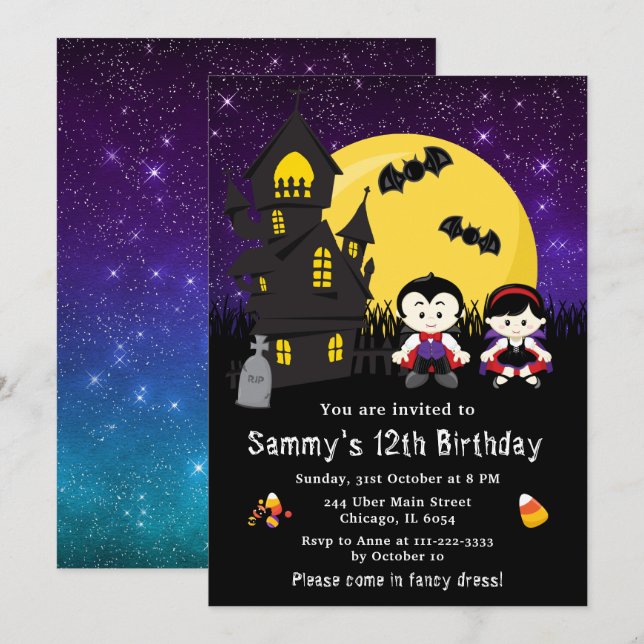 Halloween Fancy Dress Birthday Vampires Purple Invitation (Front/Back)