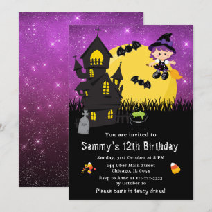 Halloween Fancy Dress Birthday Witch Purple Invitation
