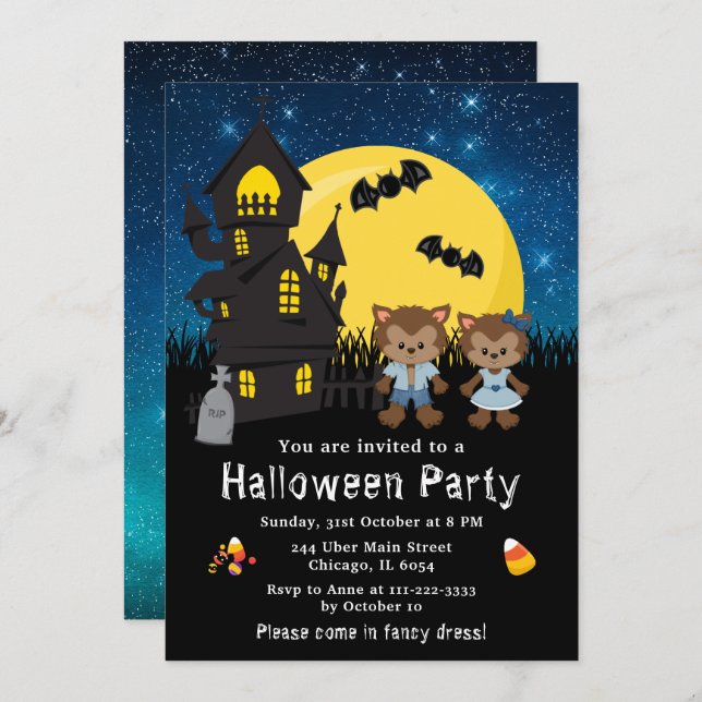 Halloween Fancy Dress Party Werewolf Blue Invitation (Front/Back)
