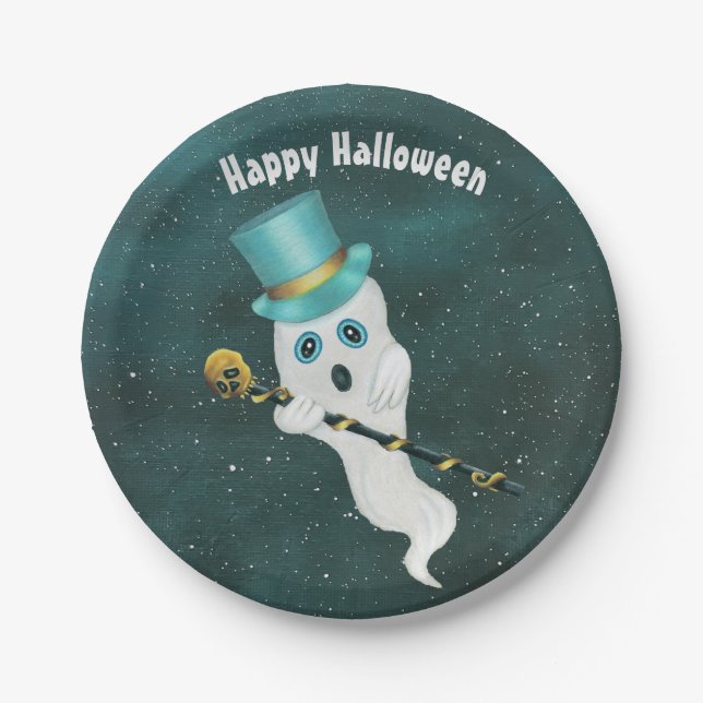 Halloween Fancy Ghost in Night Sky Gold Skull Cane Paper Plate (Front)